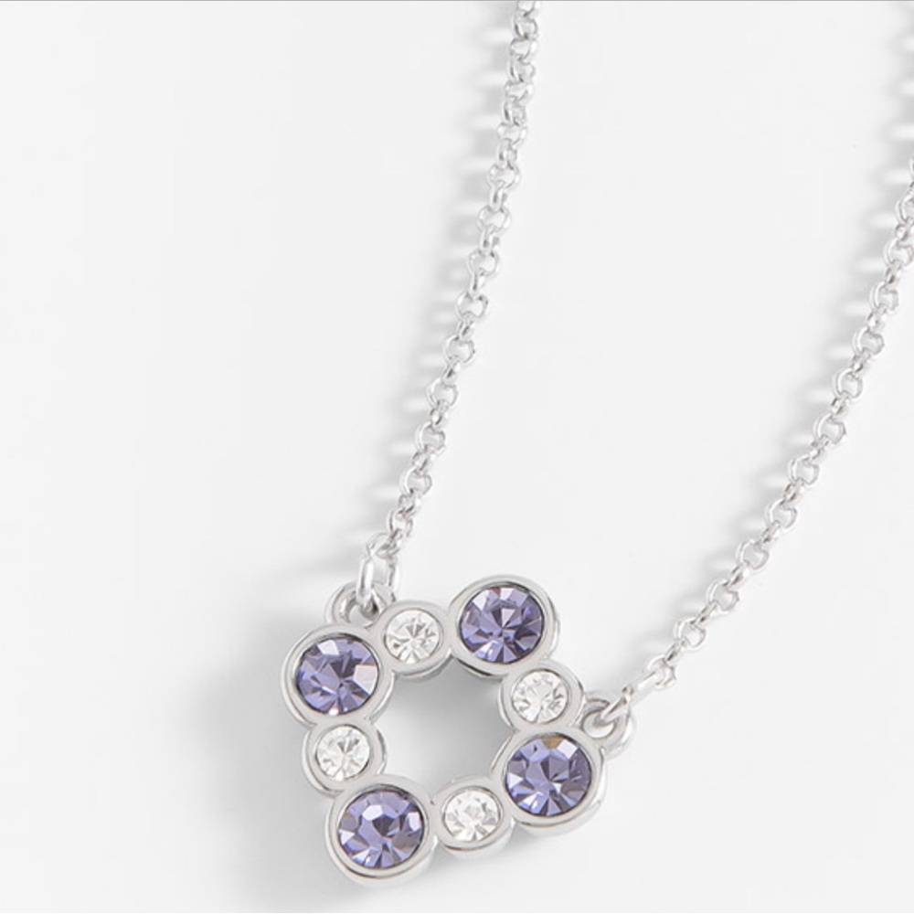 Very Pretty Rhodium plated necklace with Swarovski crystals in Tanzanite & White
